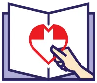 Ein mehrfarbiges Icon, dass ein Buch mit Herz in der Mitte zeigt und eine Hand, die das Herz hält.