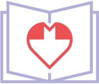 I love print Ein zweifarbiges Icon, das außen ein Buch andeutet und innen ein Herz.