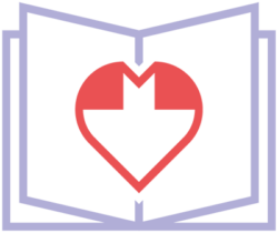I love print Ein zweifarbiges Icon, das außen ein Buch andeutet und innen ein Herz.