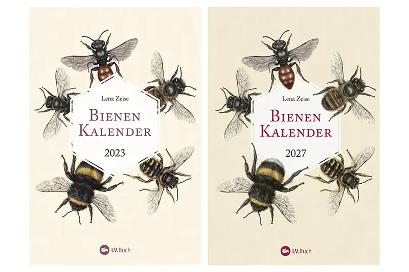 Buchcover gestalten: Cover zum Bienenkalender 2023 und 2027 im Vergleich