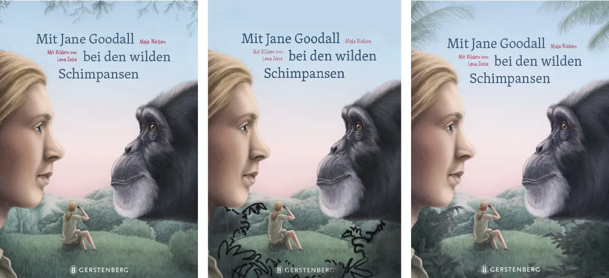 Buchcover gestalten: Änderungen am Cover vom Jane-Goodall-Buch in drei Schritten.