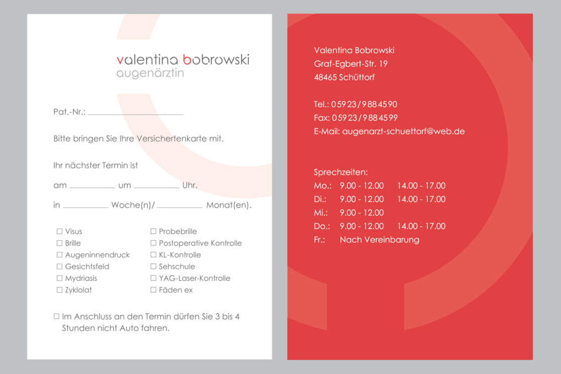 Logogestaltung Augenärztin: Layoutansicht der Terminkarten