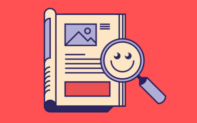 Grafik eines barrierefreien Printprodukts, davor eine Lupe mit lachendem Gesicht.