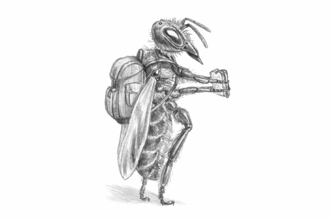 Bienenfiguren für Lehrpfad: Biene mit Pausenbrot und Schulranzen