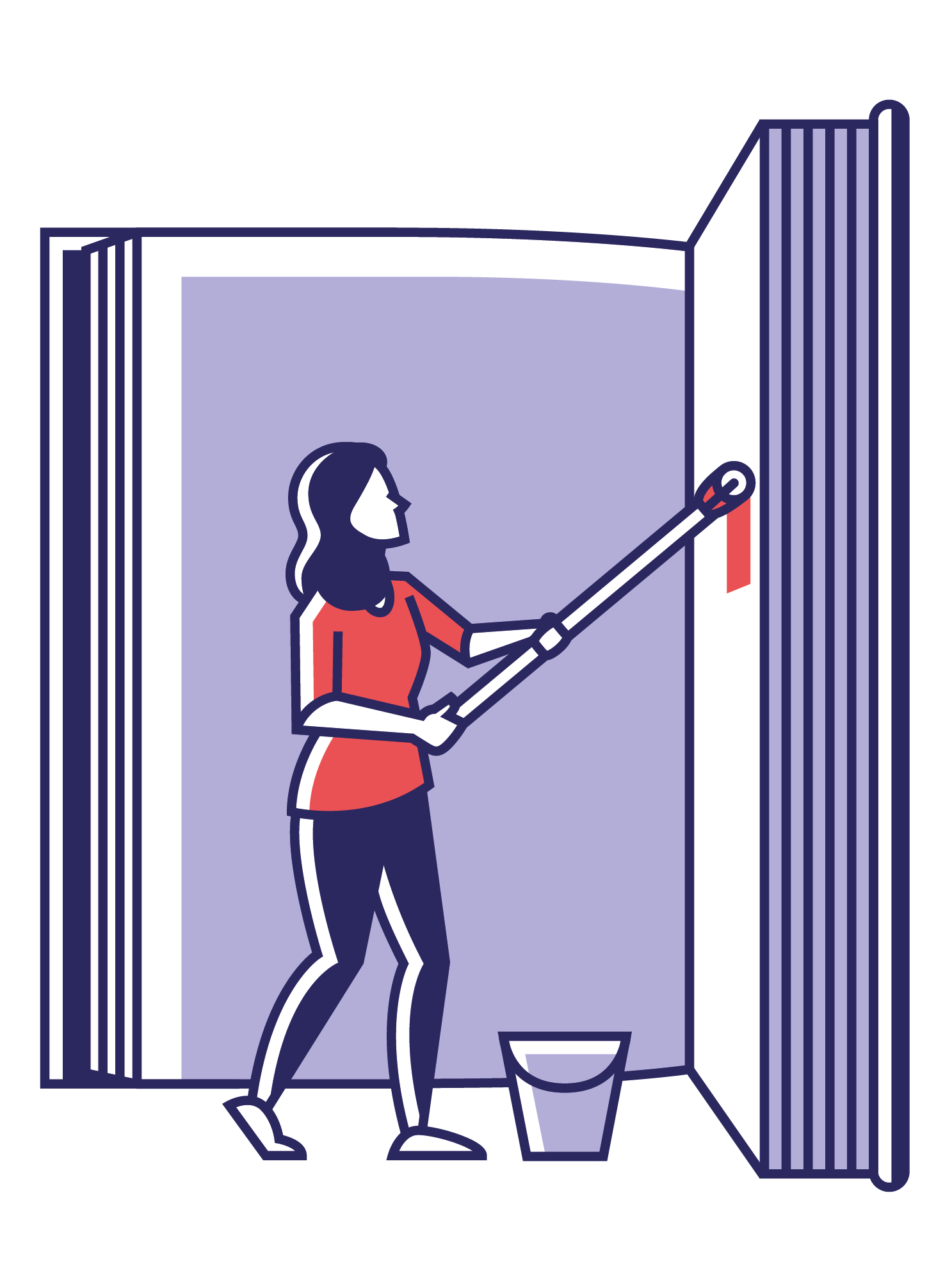 Eine Illustration zu meinem Schwerpunkt als Buchgestalterin. Sie zeigt eine Frau, die mit einer Farbrolle am Stiel eine Buchseite einfärbt.