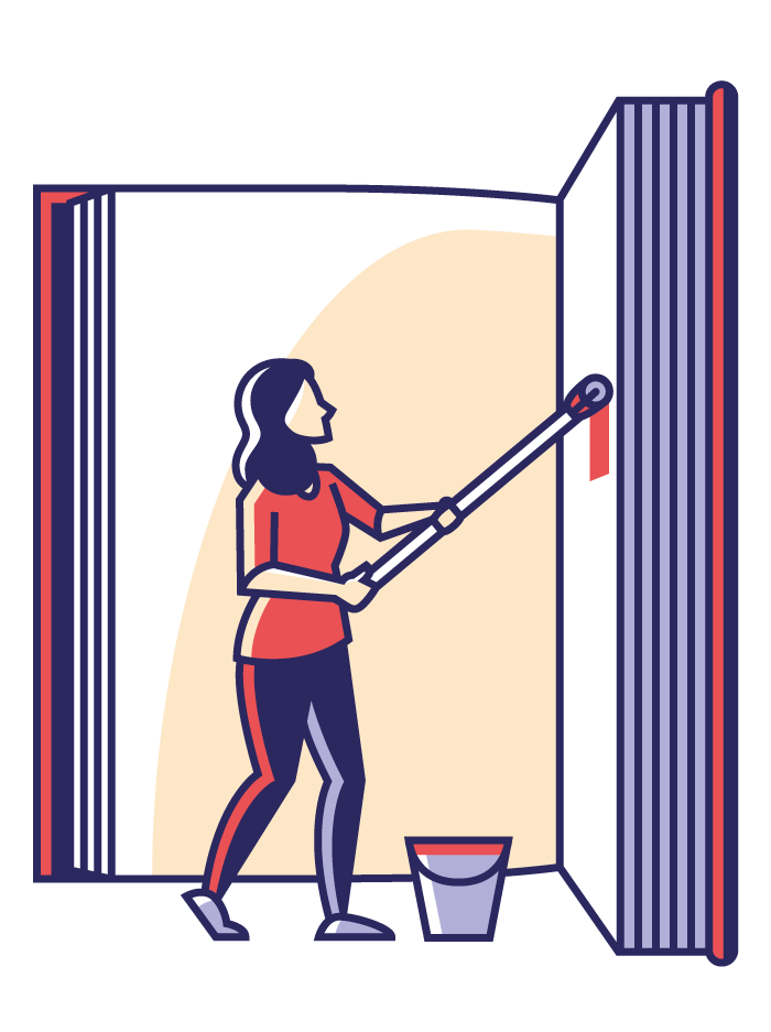 Illustration zum Schwerpunkt Buchgestaltung: Eine Frau streicht eine Buchseite in rot an.