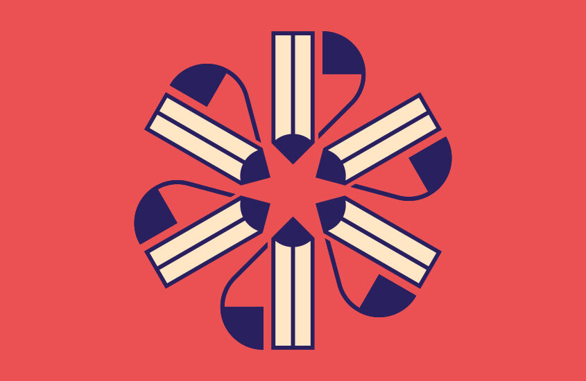 Corporate Illustration: Ein blütenförmiges Muster aus einem stilisierten Bleistift und einer geschwungenen Linie.