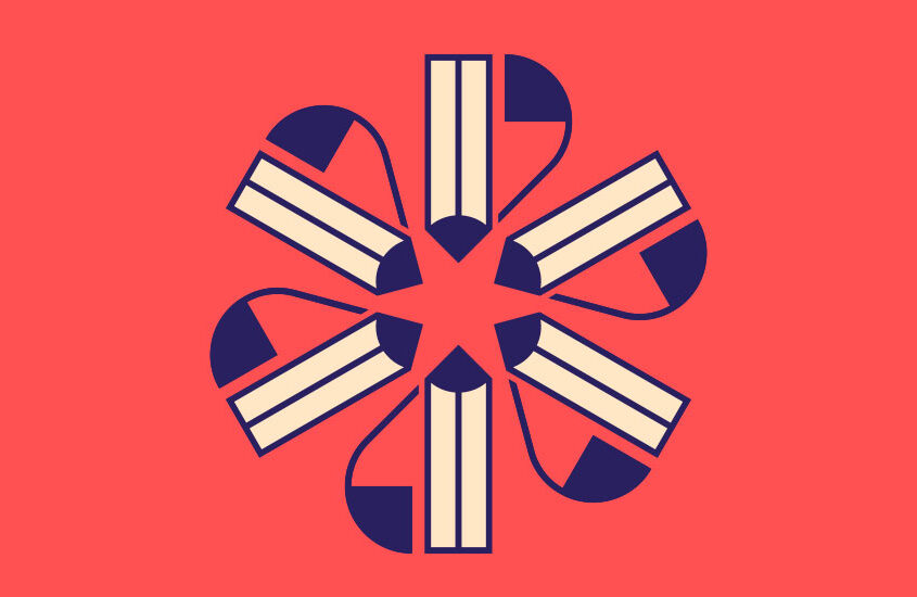 Corporate Illustration: Ein blütenförmiges Muster aus einem stilisierten Bleistift und einer geschwungenen Linie.