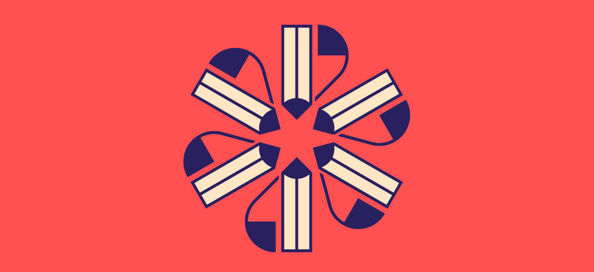 Corporate Illustration: Ein blütenförmiges Muster aus einem stilisierten Bleistift und einer geschwungenen Linie.