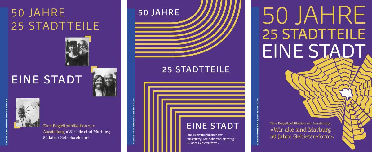 Buchcover gestalten: Drei unterschiedliche Coverentwürfe für den Katalog zur Gebietsreform. Jeweils anderes Motiv und andere Schriftgestaltung.