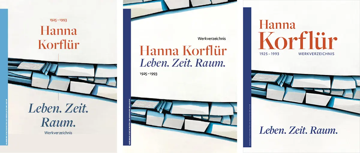 Buchcover gestalten: Drei unterschiedliche Coverentwürfe für das Werkverzeichnis. Gleiches Motiv mit jeweils anderer Schriftgestaltung.
