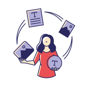 Eine Illustration zu meinem Schwerpunkt als Grafikdesignerin. Sie zeigt eine Frau, die mit verschiedenen Layoutelementen (Texte, Bilder) jongliert.