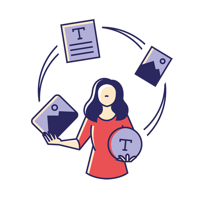 Eine Illustration zu meinem Schwerpunkt als Grafikdesignerin. Sie zeigt eine Frau, die mit verschiedenen Layoutelementen (Texte, Bilder) jongliert.