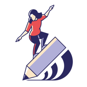 Eine Illustration zu meinem Schwerpunkt als Illustratorin. Sie zeigt eine Frau, die auf einem Bleistift surft.