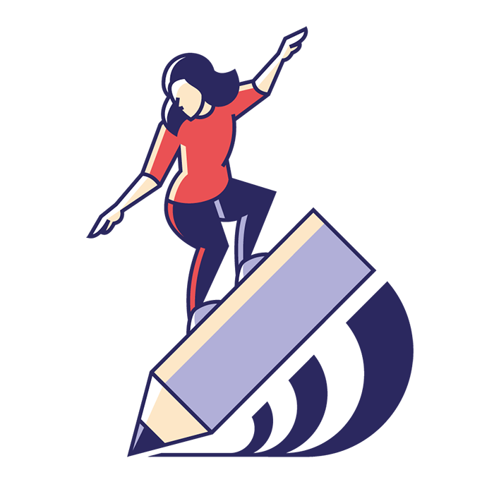 Eine Illustration zu meinem Schwerpunkt als Illustratorin. Sie zeigt eine Frau, die auf einem Bleistift surft.