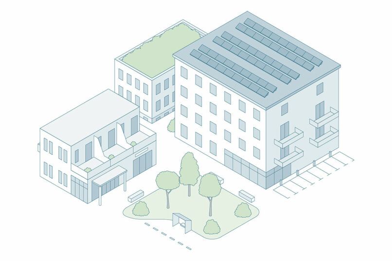 Isometrische Gebäude: Quartier mit Flächen