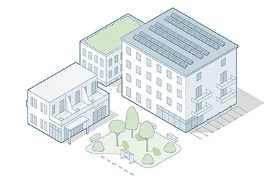 Isometrische Gebäude: Quartier finale Umsetzung