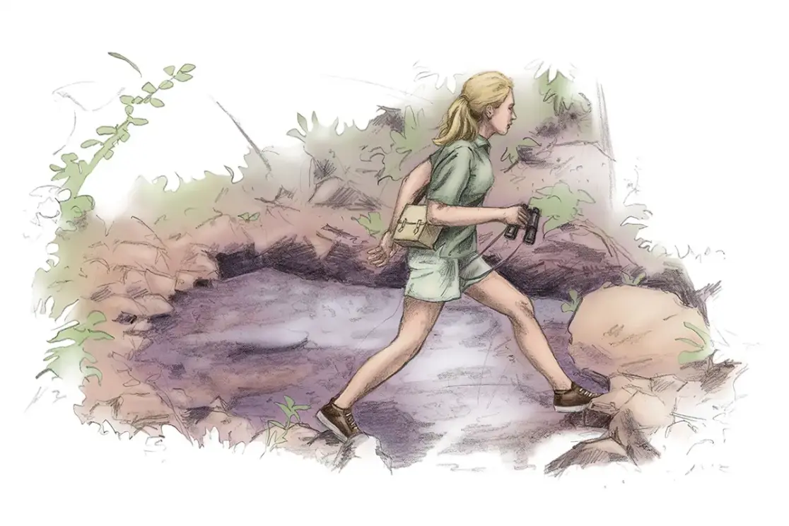 Mit Jane Goodall bei den wilden Schimpansen: skizzenhafte Illustration von Jane Goodall, wie sie über einen kleinen Bach springt.