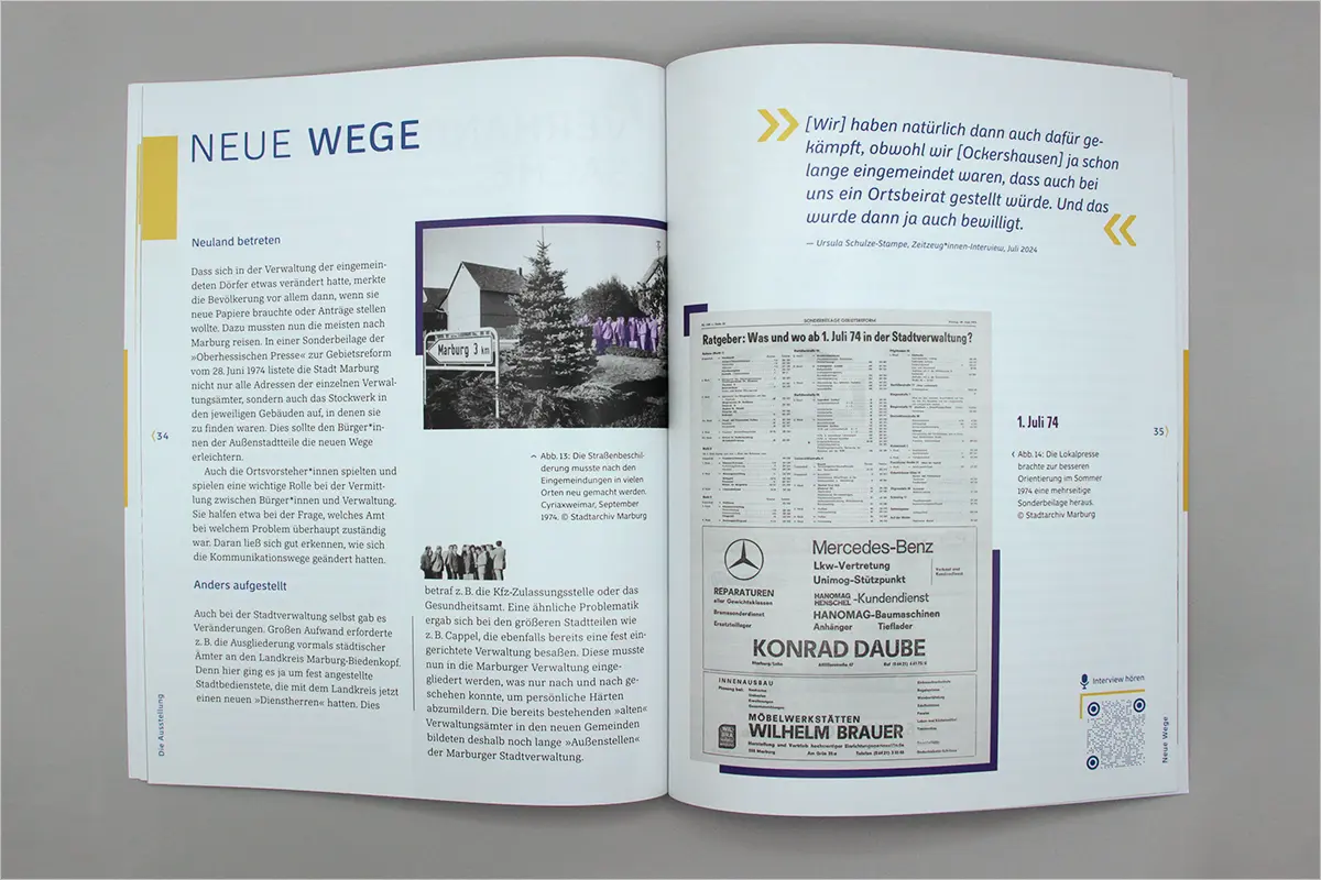 Kataloggestaltung: Doppelseitengestaltung des Kapitels »Neue Wege« mit Text, Fotos, Zitat und QR-Code.