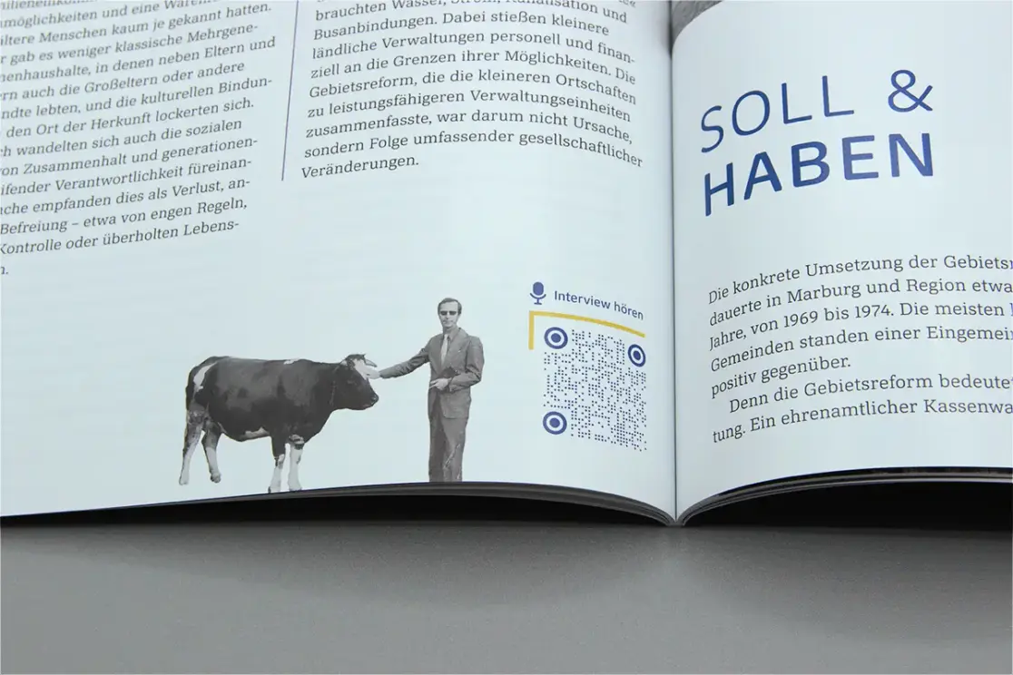 Kataloggestaltung: Detailansicht eines freigestellten Fotos, das einen Mann mit Kuh zeigt.