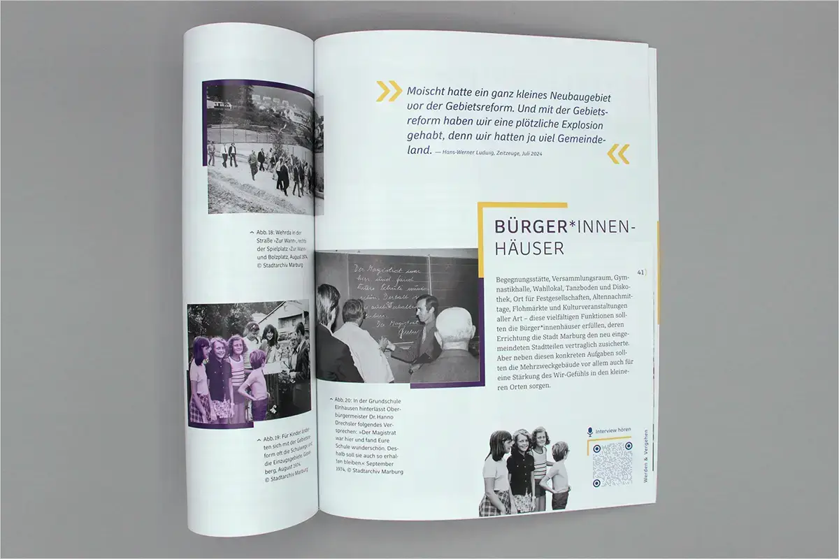 Kataloggestaltung: Seitengestaltung mit großem Zitat und mehreren Fotos