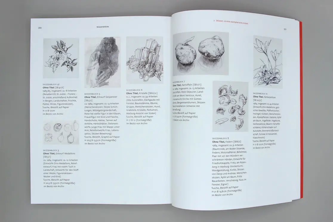 Werkverzeichnis Hanna Korflür: Doppelseitengestaltung zum Thema Skizzenblöcke mit deutlich längeren Beschriftungen