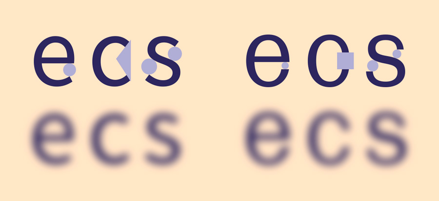 Offene Buchstaben im Vergleich zu geschlossenen Buchstaben. blaue Formen zeigen die Öffnungen an. Außerdem sind unten noch einmal die gleichen Buchstaben in Unschärfe zu sehen.