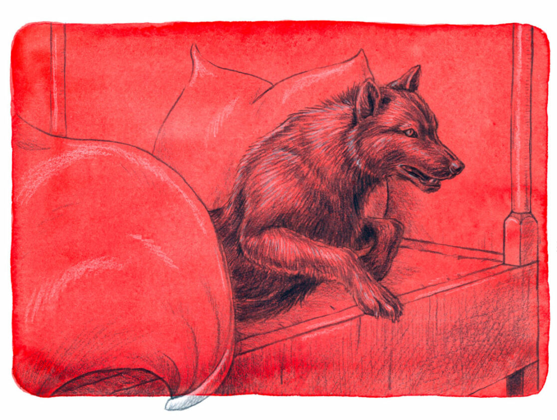 Rotkäppchen – mal anders illustriert: Der Wolf springt aus dem Bett