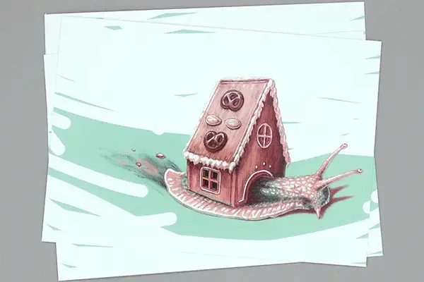 Weihnachtsillustrationen: Schnecke mit Lebkuchenhaus