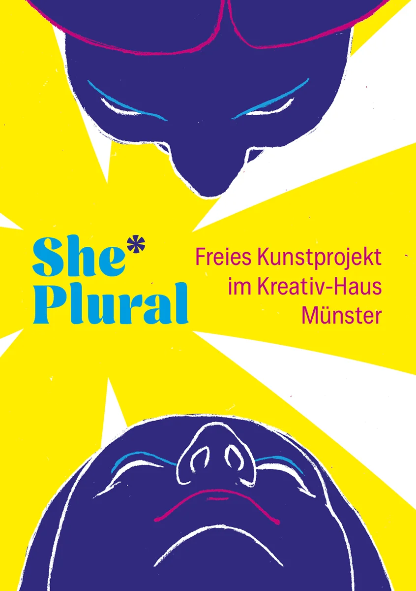 Illustrationsserie She*Plural: Ein Gesicht von unten und eines von oben schauen sich an. In der Mitte befindet sich der Titelschriftzug und der Genderstern ist seitenfüllend hinterlegt.