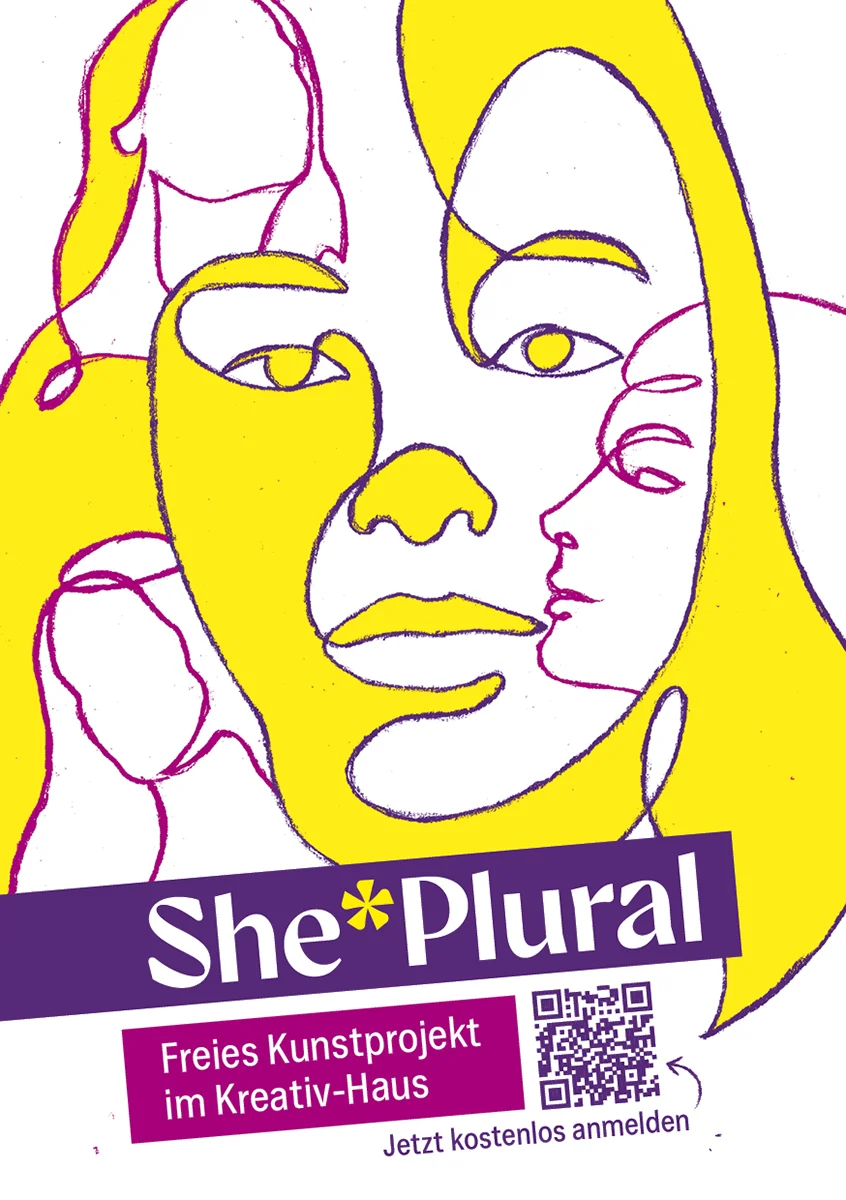 Illustrationsserie She*Plural: Ein großes Frauengesicht und mehrere kleinere Gesichter nur aus einer Linie gezeichnet überlagern einander. Gelbe Flächen bilden einen starken farbigen Kontrast zum Titel unten auf der Seite.