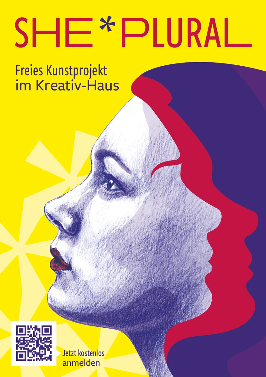 Illustrationsserie She*Plural: Zeichnung eines Freuengesichts im Profil, ihre Haare bilden gespiegelt ihre Gesichtskonturen nach. Der Genderstern liegt als Muster im Hintergrund.