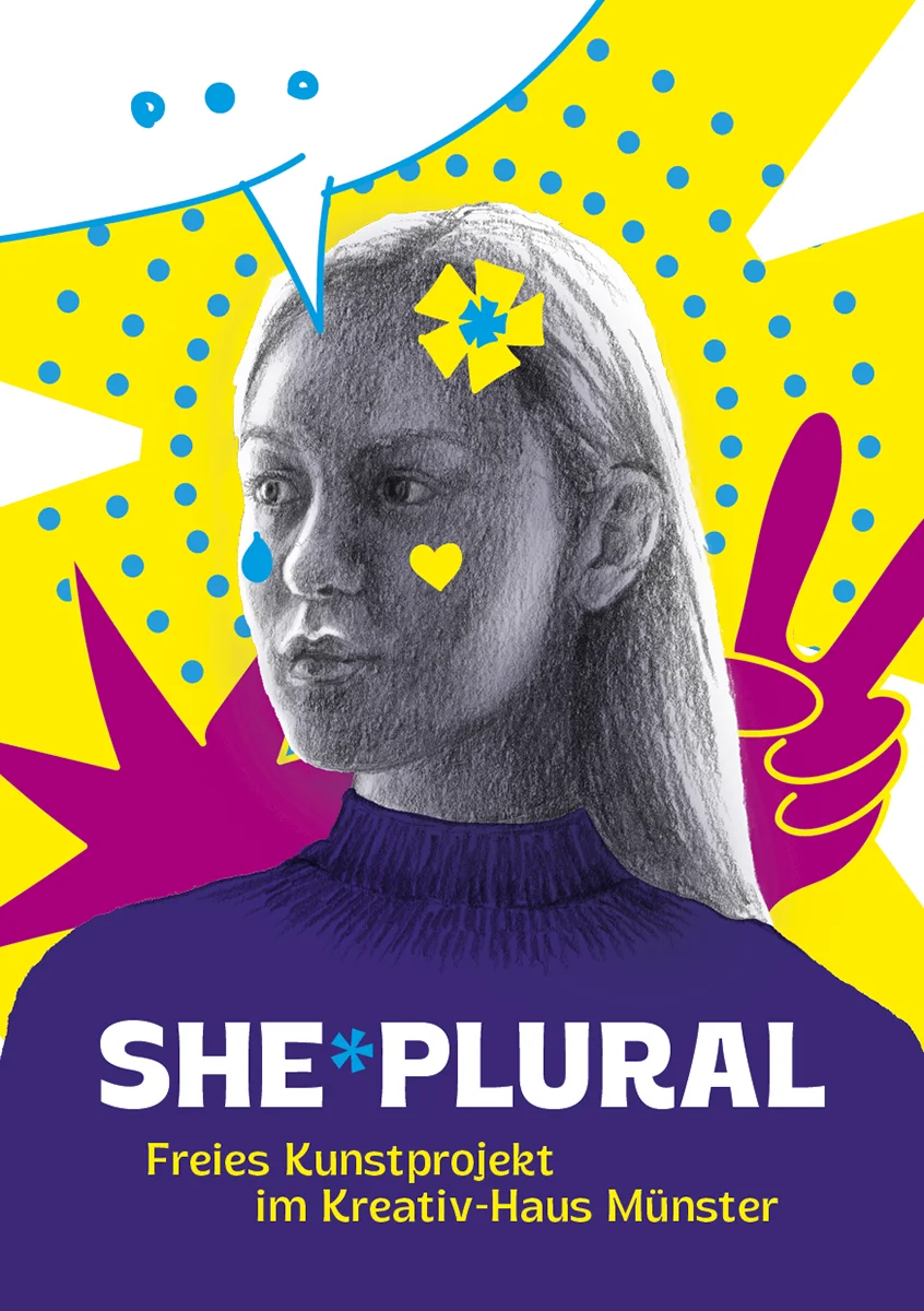 Illustrationsserie She*Plural: Die Zeichnung eines Frauenportraits im Gegenlicht mit unterschiedlichen Comic-Elementen kombiniert, z. B. ein Stern, ein Sprechblase, ein Herz …