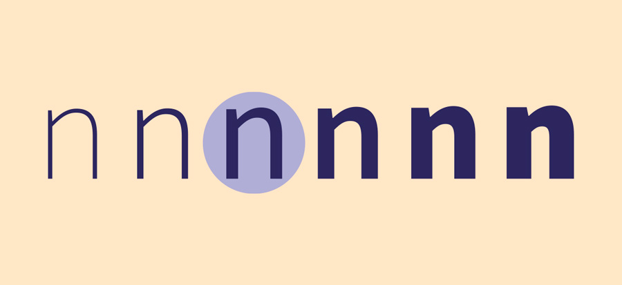 Ein kleines »n« in sechs verschiedenen Strickstärken. Um das dritte n ist ein blauer Kreis zu sehen.