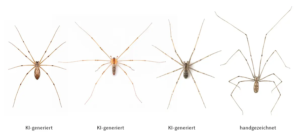 Ein Vergleich zwischen drei KI-generierten-Zitterspinnen und einer handgemachten Illustration. Die Illustration bildet die Proportionen der Spinne korrekt ab.