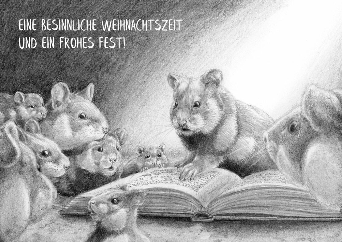 Weihnachtsillustration: Hamster liest aus einem Buch vor