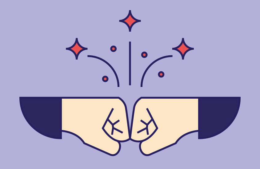 Die Zusammenarbeit mit einem Grafikdesigner: Illustration von einem »Fistbump« bei dem die Funken fliegen.