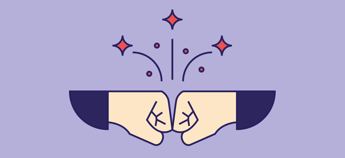 Die Zusammenarbeit mit einem Grafikdesigner: Illustration von einem »Fistbump« bei dem die Funken fliegen.